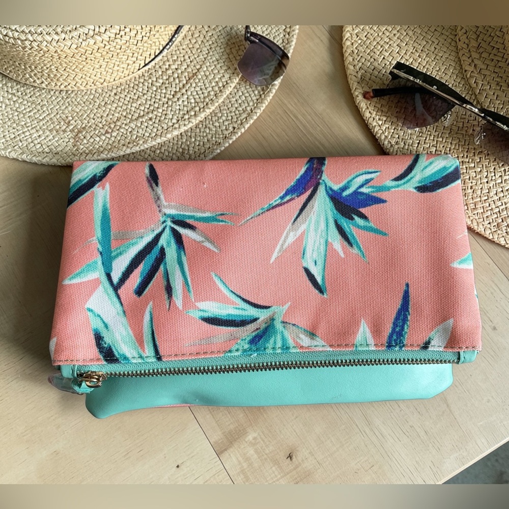 Rachel Pally Mint Fold-Over Clutch with Pink Floral Trim